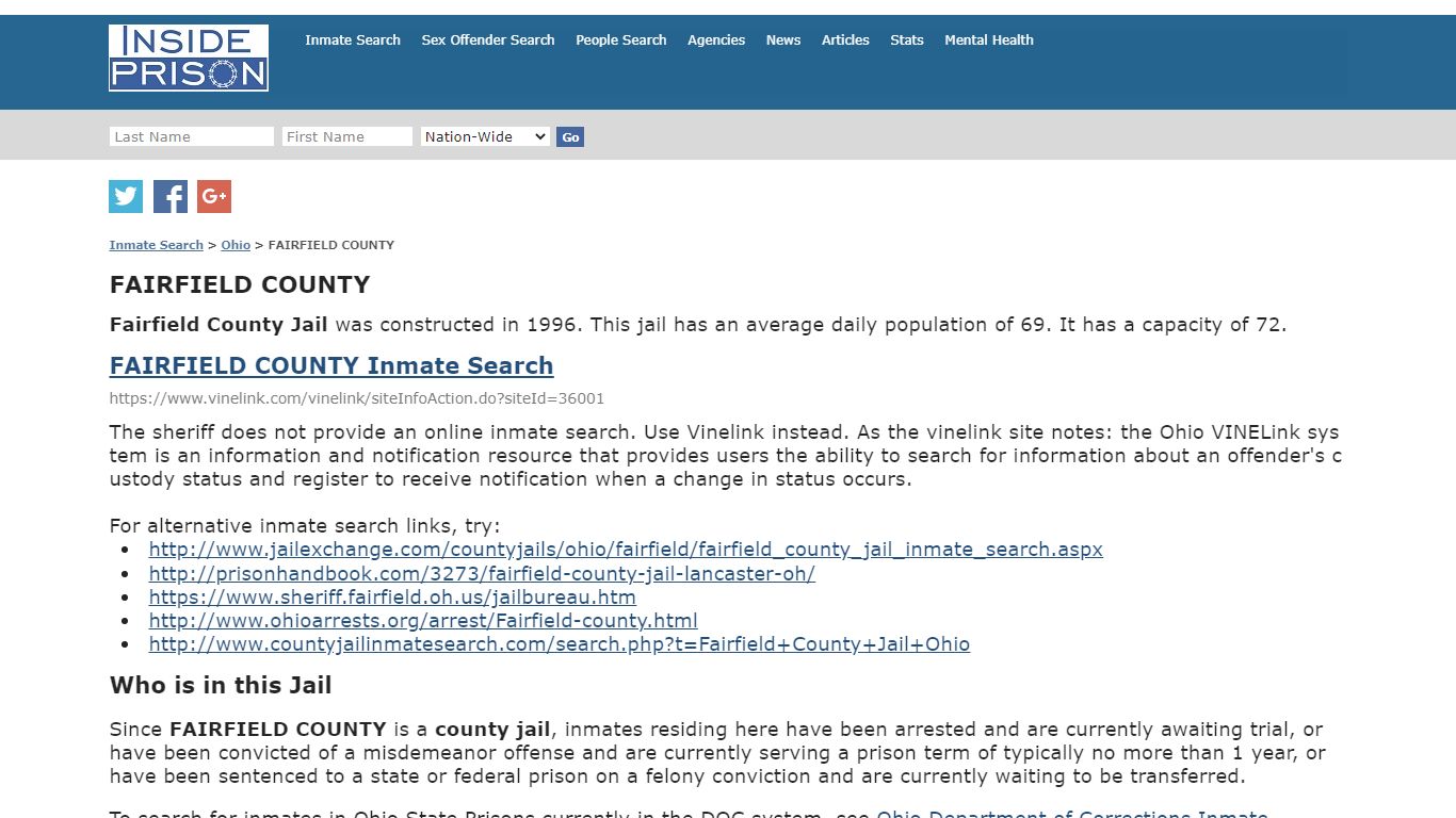 FAIRFIELD COUNTY - Ohio - Inmate Search
